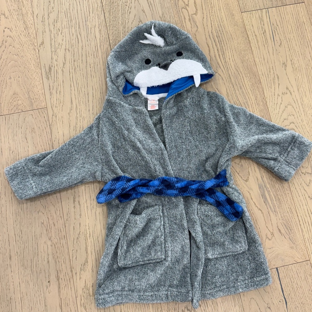 Gray Walrus Hooded Kids Robe with Blue Belt